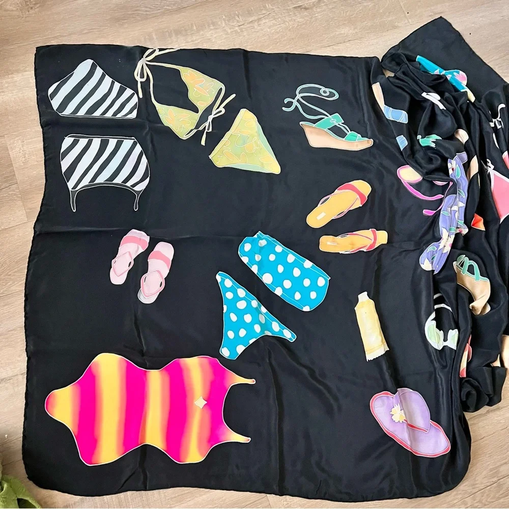 Huge Thick Silk Scarf Wrap Black With Beach‎ Theme - 70” X 38” - Vacation Party